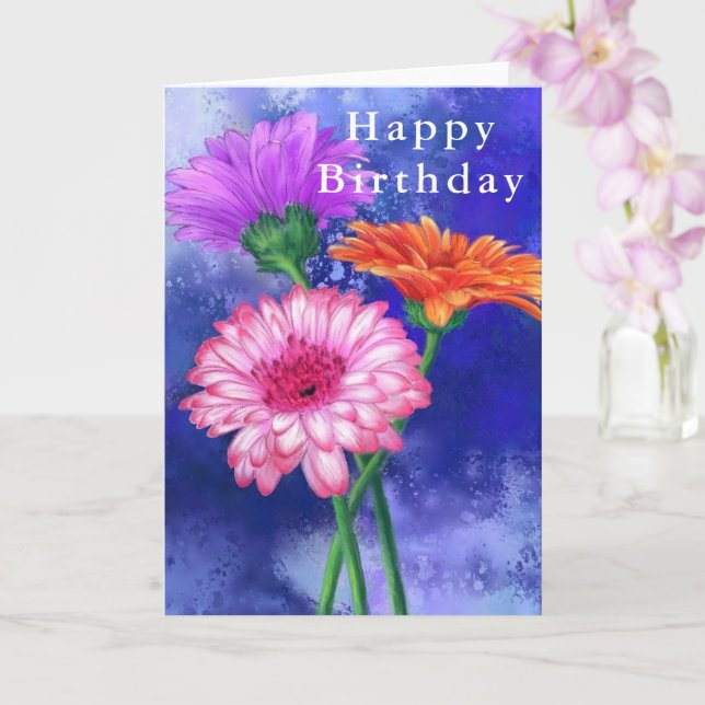 Happy Birthday Card Three Colour Gerberas Flowers (Orchid)