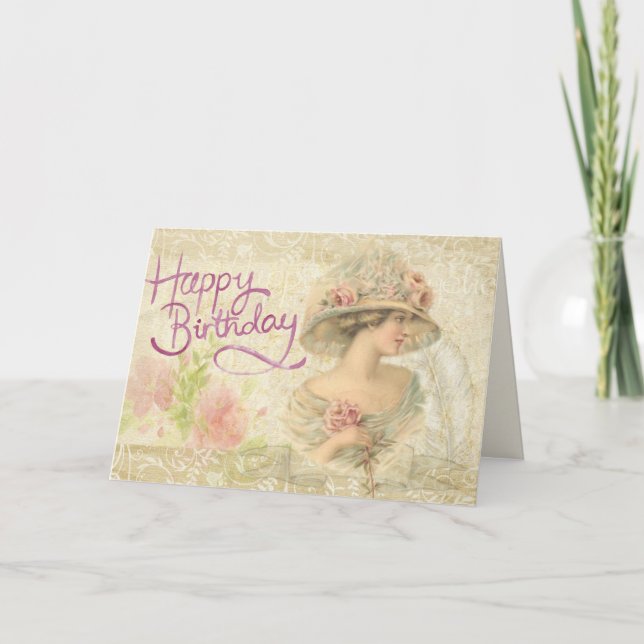 Happy Birthday card Vintage Edwardian Lady Romance (Front)