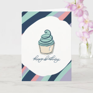 Happy Birthday Card with a Cupcake and Stripes