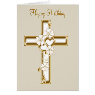 Happy birthday card with a gold cross and flowers