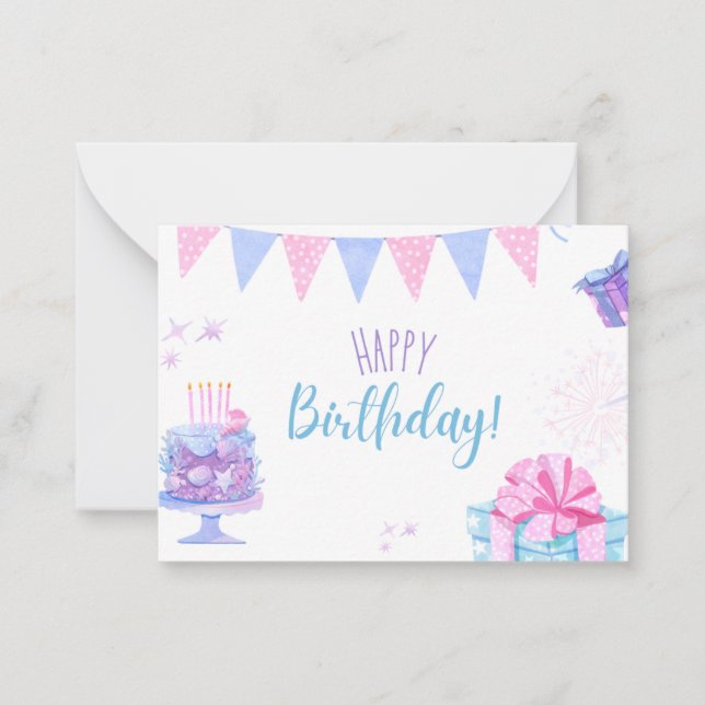 Happy Birthday card with balloons and cake (Front)