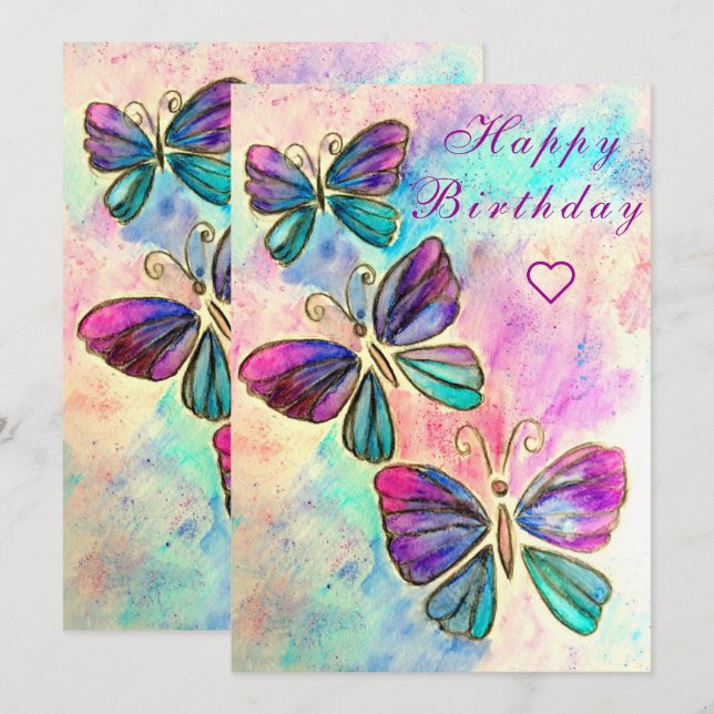 Happy Birthday Card with Colourful Butterflies (Front/Back)