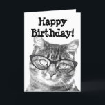 Happy Birthday card with funny cat design<br><div class="desc">Happy Birthday card with funny cat design. Nerdy cat wearing glasses. Cute idea for cat lover,  person,  owner. Black and white image.</div>