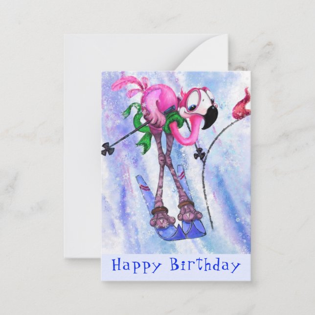 Happy Birthday Card with Funny Pink Flamingo Skier (Front)