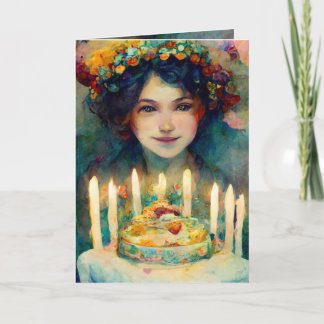 Happy Birthday! card with girl and beautiful cake 