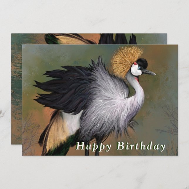 Happy Birthday Card with Grey Crowned Crane Bird (Front/Back)
