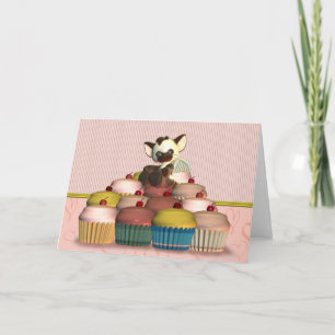 Happy Birthday card with little cat angel on fairy