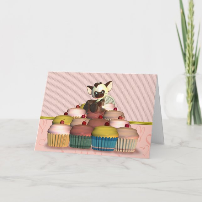 Happy Birthday card with little cat angel on fairy (Front)