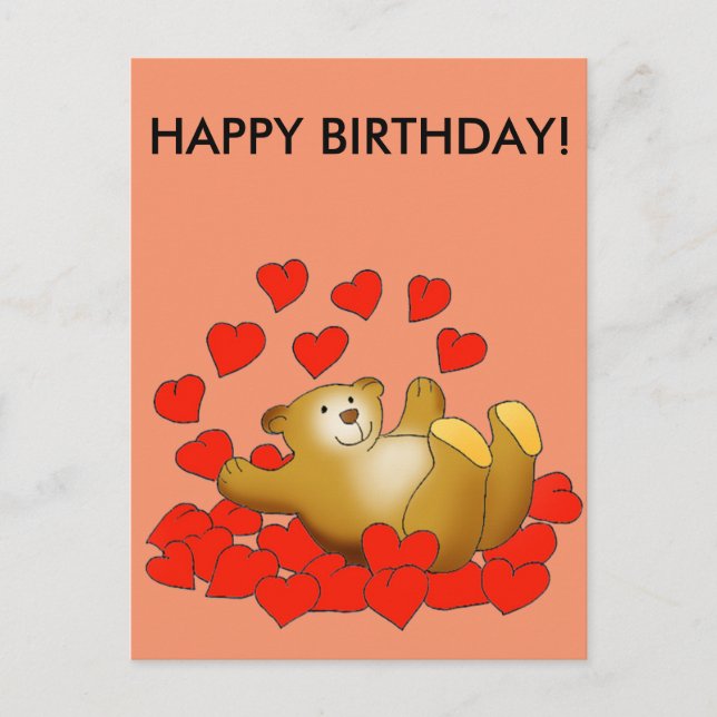Happy Birthday card with love hearts and a bear (Front)