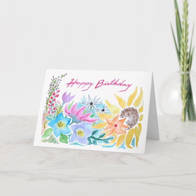 Happy birthday card with watercolor flowers (Front)