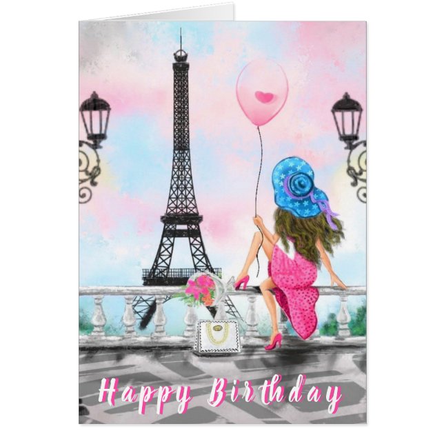 Happy Birthday Card Woman In Paris (Front)