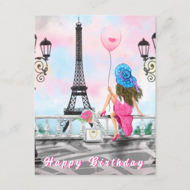 Happy Birthday Card Woman In Paris Eiffel Tower (Front)
