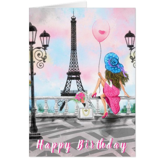 Happy Birthday Card Woman in Paris Eiffel Tower (Front)