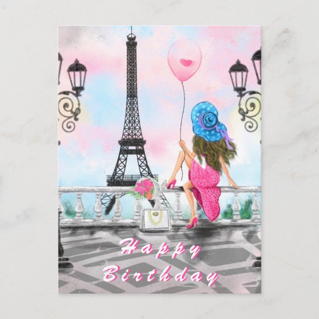 Happy Birthday Card Woman In Paris - Eiffel Tower (Front)