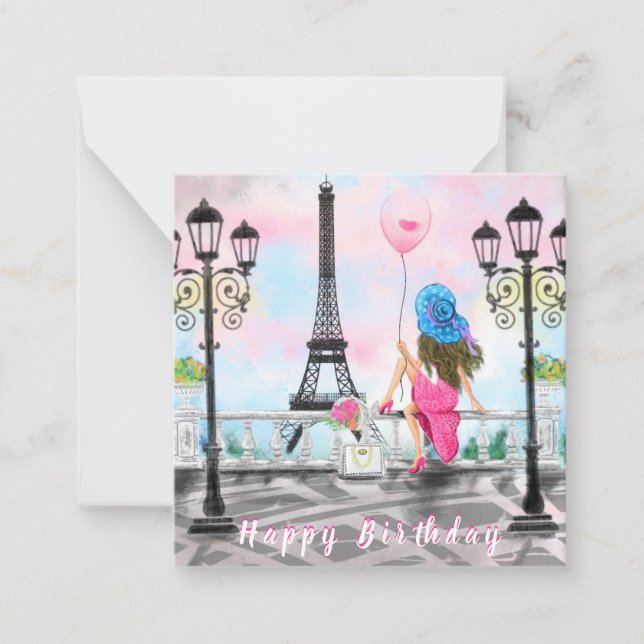 Happy Birthday Card Woman with Balloon In Paris (Front)
