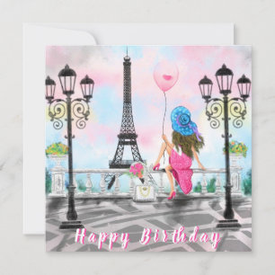 Happy Birthday Card Woman with Pink Balloon