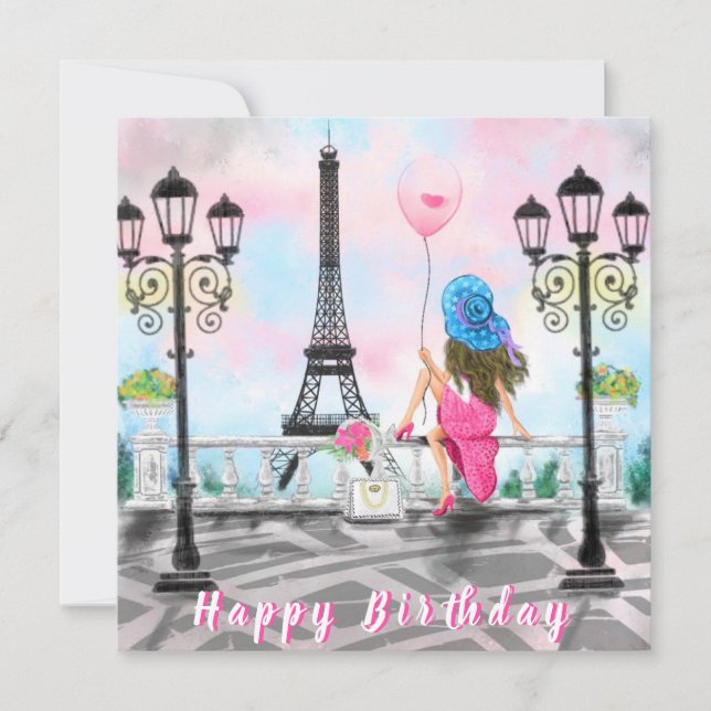 Happy Birthday Card Woman with Pink Balloon (Front)