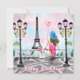 Happy Birthday Card Woman with Pink Heart Balloon