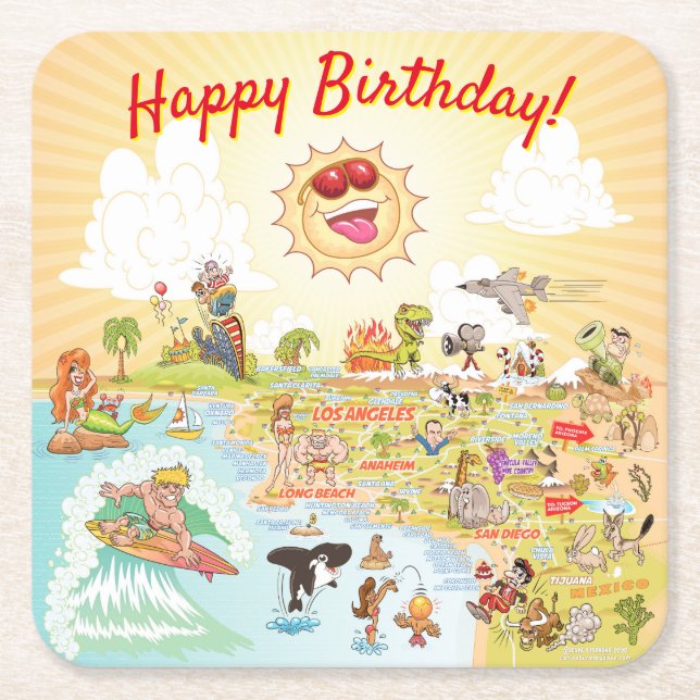 Happy Birthday Cartoon California Square Coaster (Front)