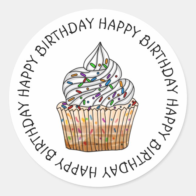 Happy Birthday Cartoon Vanilla Cupcake Classic Round Sticker (Front)