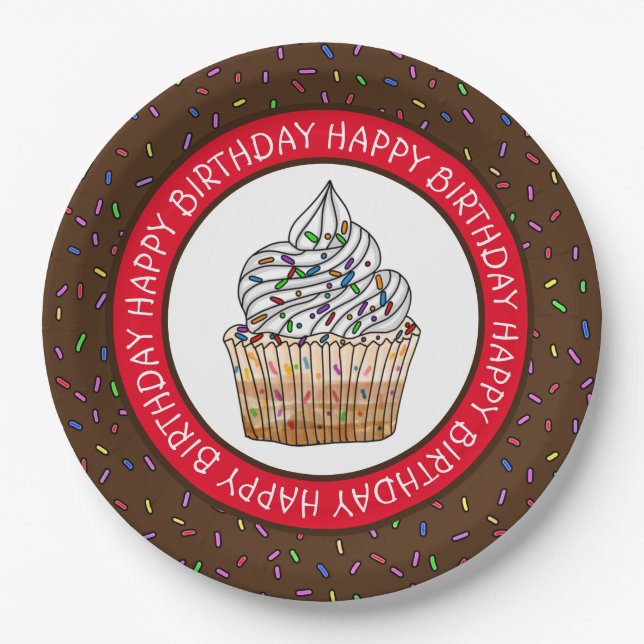 Happy Birthday Cartoon Vanilla Cupcake    Paper Plate (Front)