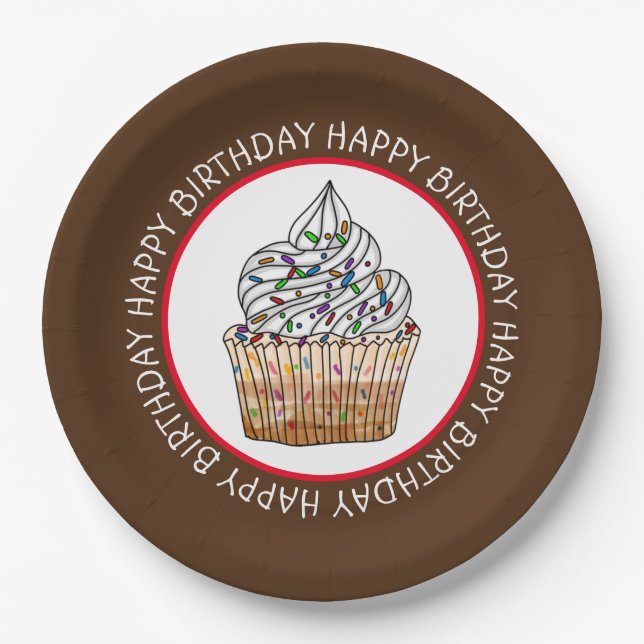 Happy Birthday Cartoon Vanilla Cupcake     Paper Plate (Front)