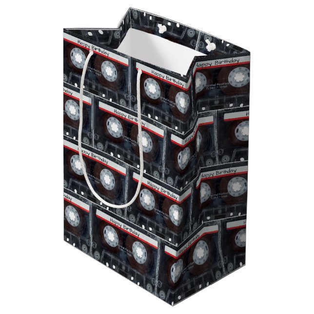 Happy Birthday Cassette Tape Medium Gift Bag (Back Angled)