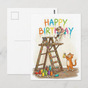 Happy Birthday Cat and Dog Postcard