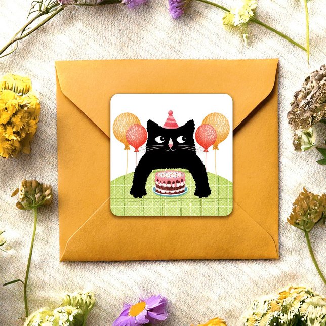Happy Birthday cat, cake and balloons Sticker (Creator Uploaded)