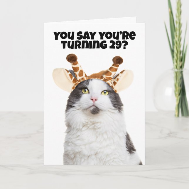 Happy Birthday Cat Giraffe Birthday Age Lie Humour Holiday Card (Front)