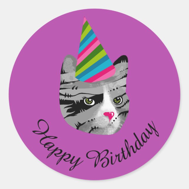 Happy Birthday Cat in Party Hat Classic Round Sticker (Front)