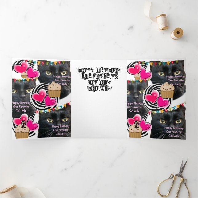 Happy Birthday Cat Lady Card, Cat Lady  Tri-Fold Card (Inside)