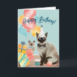 Happy Birthday Cat Lover | Funny Editable Text Card<br><div class="desc">Cute illustration of a siamese cat wearing a party hat and bowtie. Text on the front and inside of the card is fully editable. Default texts reads "happy birthday" with "you are old!" on the inside, with a group of shocked kitty faces reacting to just how old you are. This...</div>