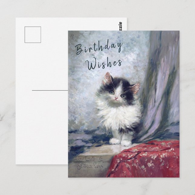  Happy Birthday Cat Oil Painting Red Grey | Postcard (Front/Back)