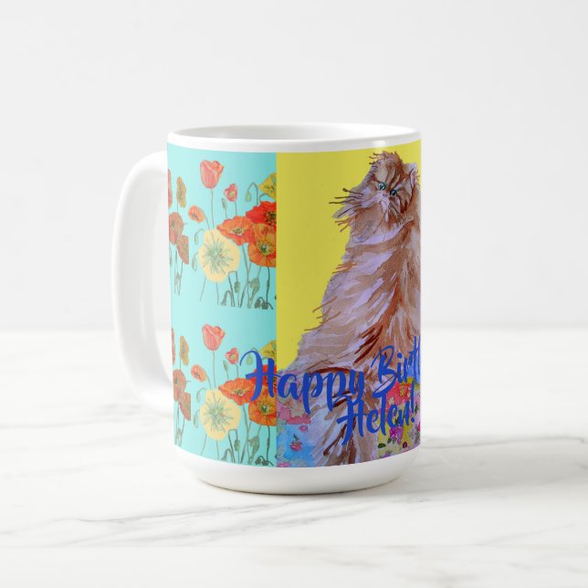Happy Birthday Cat Orange Poppy Womans Name Mug (Front Left)