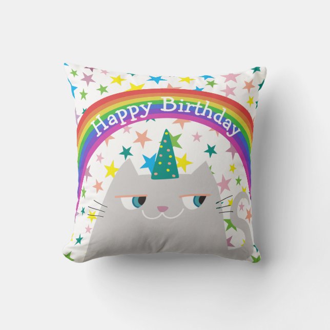 Happy Birthday Cat Pillow Cute Rainbow (Front)