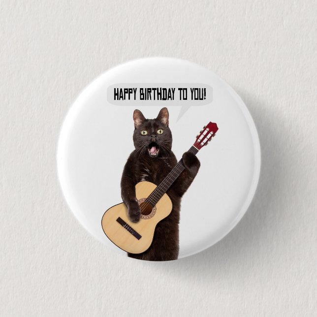 Happy Birthday Cat Singing and Playing Guitar 3 Cm Round Badge (Front)