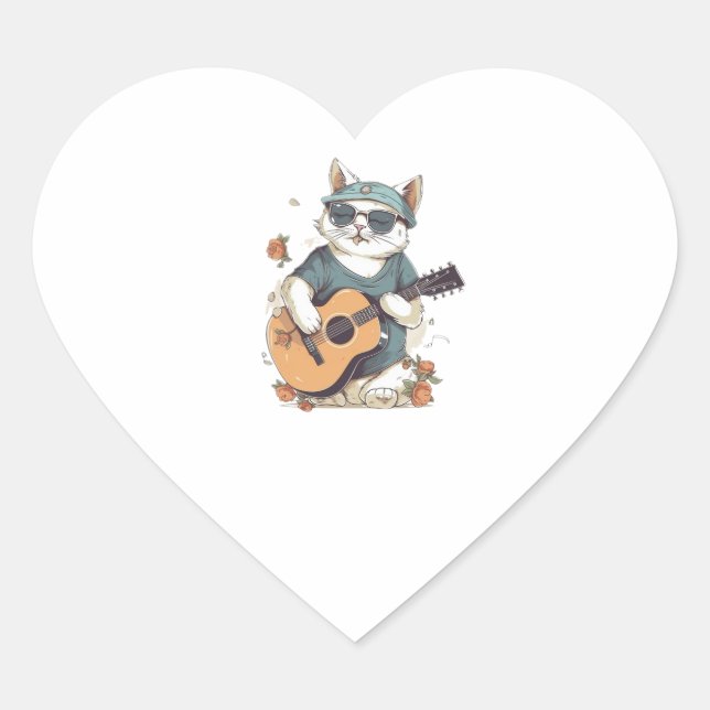 Happy Birthday Cat Singing and Playing Guitar  Heart Sticker (Front)