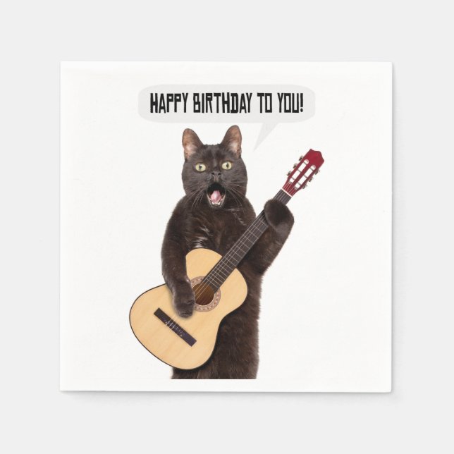 Happy Birthday Cat Singing and Playing Guitar  Napkin (Front)