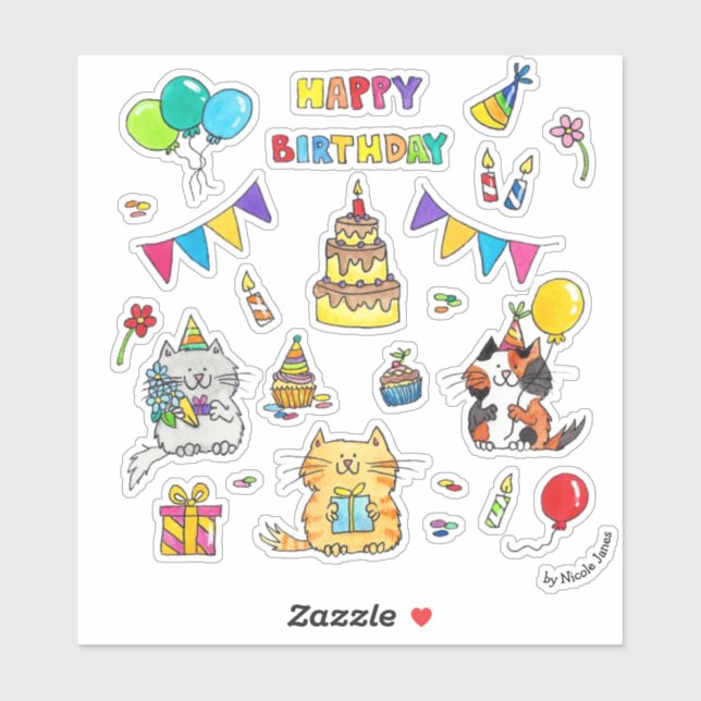 Happy Birthday Cat stickers by Nicole Janes (Sheet)