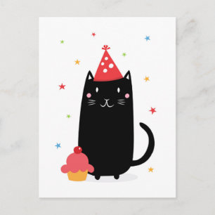Happy birthday cat with cupcake and party hat invitation postcard