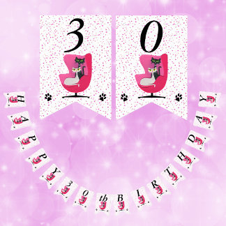 Happy Birthday Cats Pink Chair Mid Century Dots Bunting