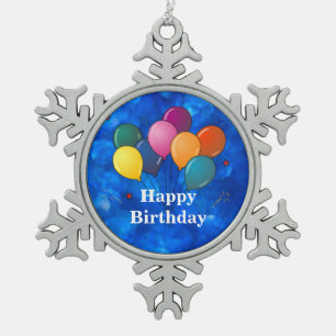 "Happy Birthday," Celebration Balloons Snowflake Pewter Christmas Ornament