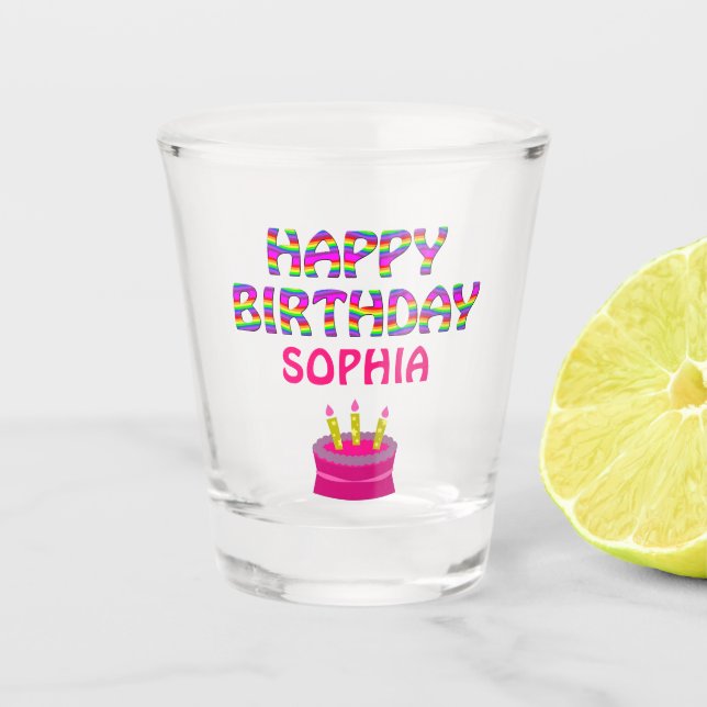Happy Birthday Celebration Colourful Pink Cake Shot Glass (Front)