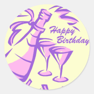 Happy Birthday Champagne Bottle and Glasses Classic Round Sticker