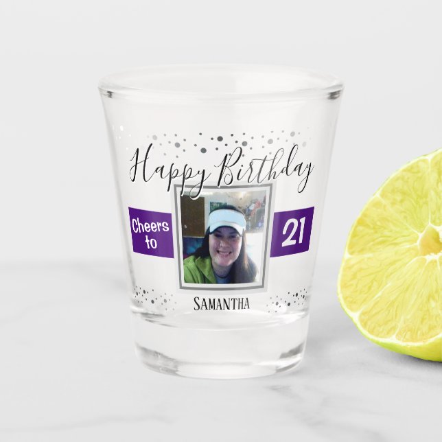 Happy Birthday Cheers to 21 Photo Shot Glass (Front)