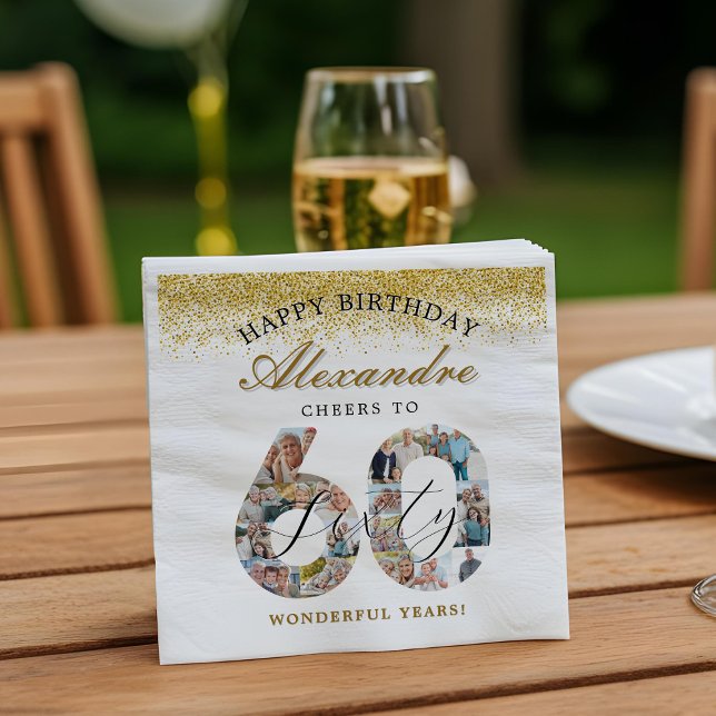 Happy Birthday Cheers To 60 Years Photo Collage Napkin (Happy Birthday Cheers To 60 Years Photo Collage Napkins)