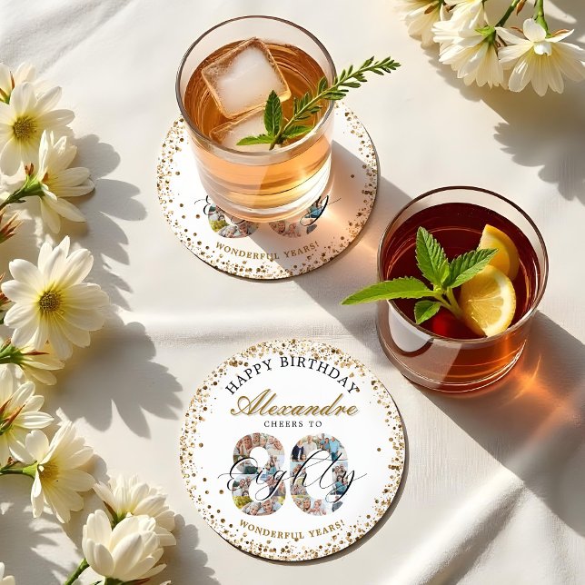  Happy Birthday Cheers To 80 Years Photo Collage Round Paper Coaster (Happy Birthday Cheers To 80 Years Photo Collage Round Paper Coaster)