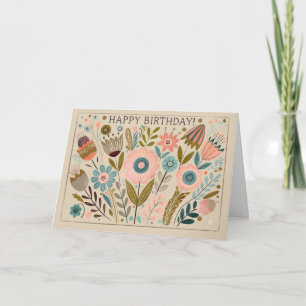 Happy Birthday Cheery Gouache Folk Art Floral Thank You Card