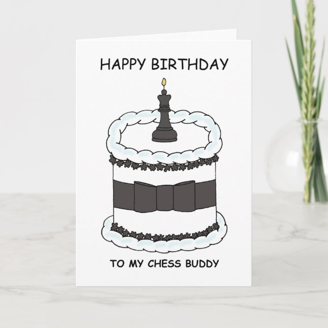 Happy Birthday Chess Buddy Cartoon Cake Card (Front)